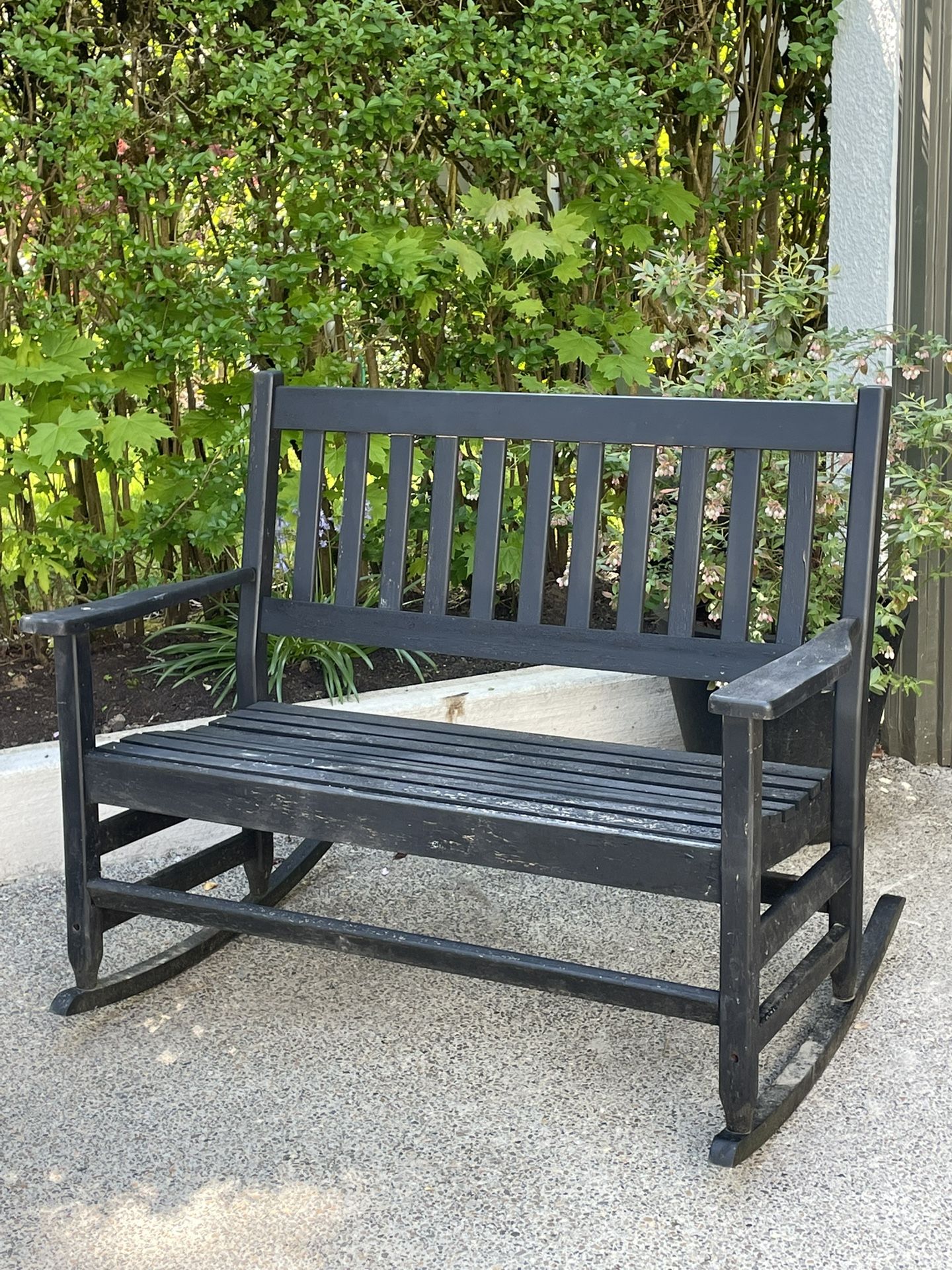 A Lovely  Black Rustic Wood  Garden Rocker / Bench 