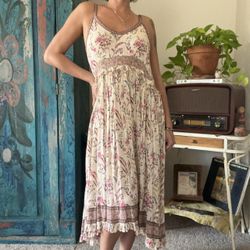 Spell & The Gypsy Floral Midi Dress Summer Flowy Boho Cream Pink Floral
