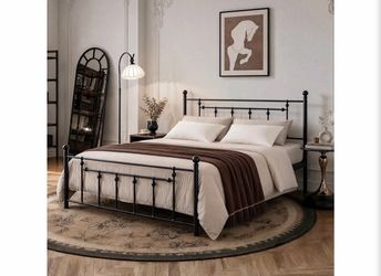 Brand new in the box - Queen Metal Platform Bed Frame with Vintage Victorian Headboard 800lbs Heavy Duty Frame, 12.4'' Under-Bed Storage, No Box Sprin