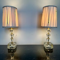 Pair Of Antique Art Deco Stacked Glass Table Lamps with Gold Accents