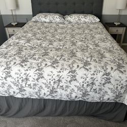 Queen size bed with frame, headboard, bed skirt and duvet