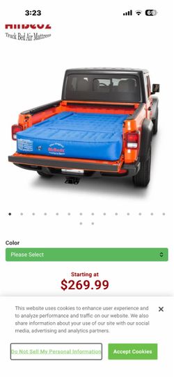 Blue Pittman Outdoors AirBedz Original Truck Bed Air Mattress packed inside its matching drawstring carry bag.