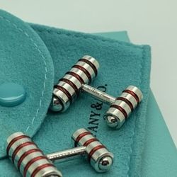 Tiffany & Co Paloma Picasso Sterling Silver Groove Red Enamel Cuff Links