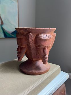 Vintage Hand Carved Wood Tribal Face Vessel ( firm on price )