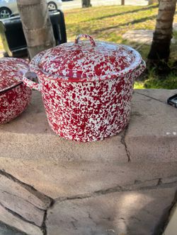 Vintage Enamelware Red Spatterware  With Lid set of two ask for the price