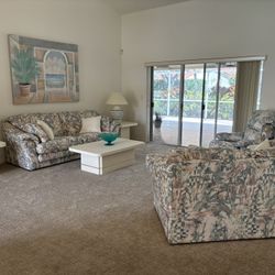 Stylish Living Room Furniture Set. Mint Condition! Never Used. Includes: Couch, Loveseat, Recliner, Coffee & End Tables, Ceramic Lamps, Art . 