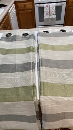 Curtains two panels light gray &green stripes like new each 84 length 54 in width