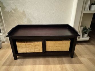 Dark Wood Storage Bench with Wicker Baskets
