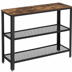 Industrial-style console table with wood top + metal shelving