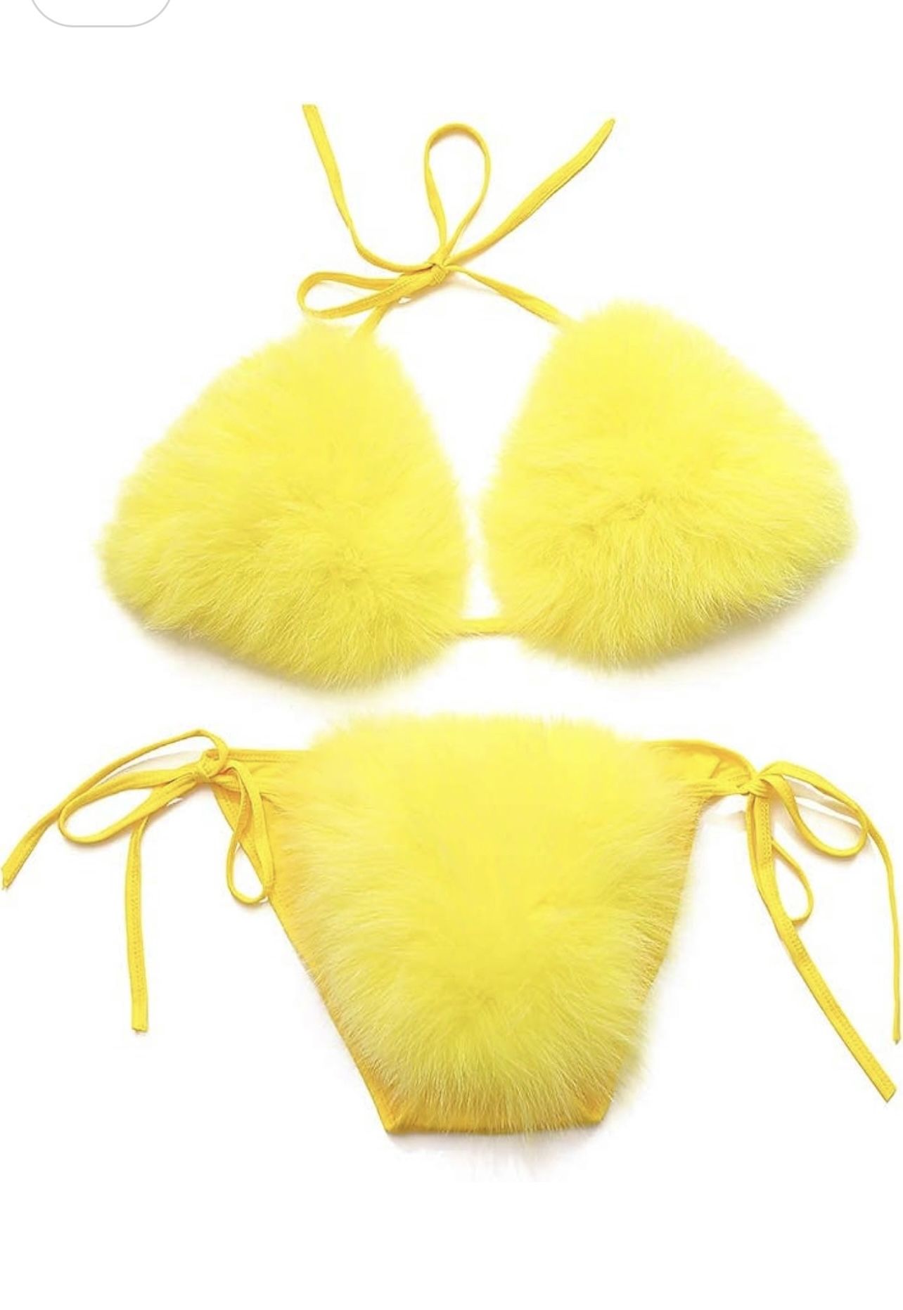 ZOSCGJMY Women Yellow Faux Fur Halter String Triangle Bikini Set 2 Piece 1 Size