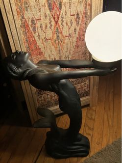 Vintage 1980s Art Deco Revival Matte Black Mermaid Styled Globe Lamp