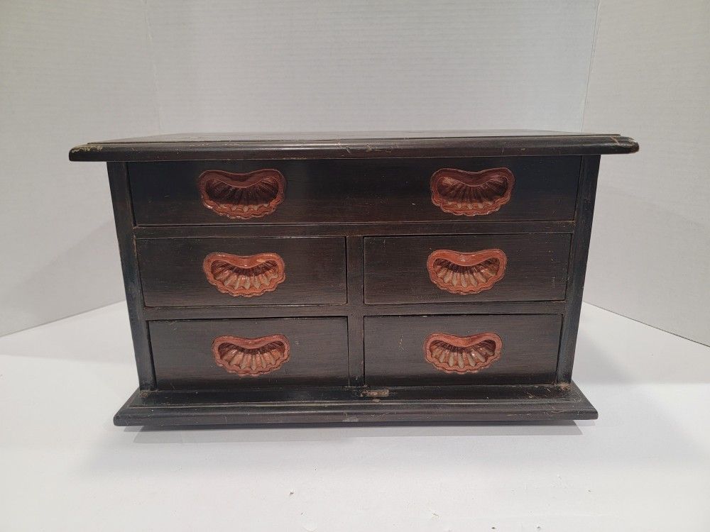 Vintage Dark Wood Jewelry Box With Green Felt Inside 6 Drawers ~ 15"x9"x8"