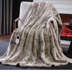 Heated Blanket Electric Throw, Soft Faux Rabbit Fur Electric Blanket with 10 Heating Levels 5 Sitting Timer Auto Off, Dual-Controller Heating Blankets