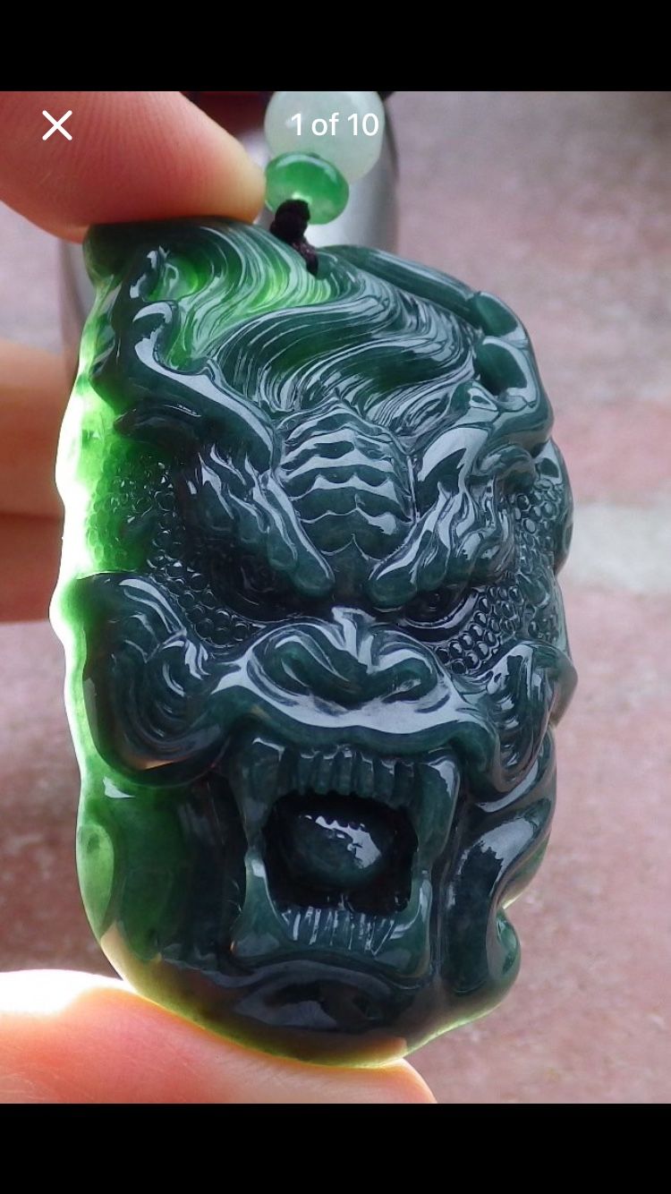 105561 VS Certified Jadeite Green Jade Hand Carved Pendant Dragon Head