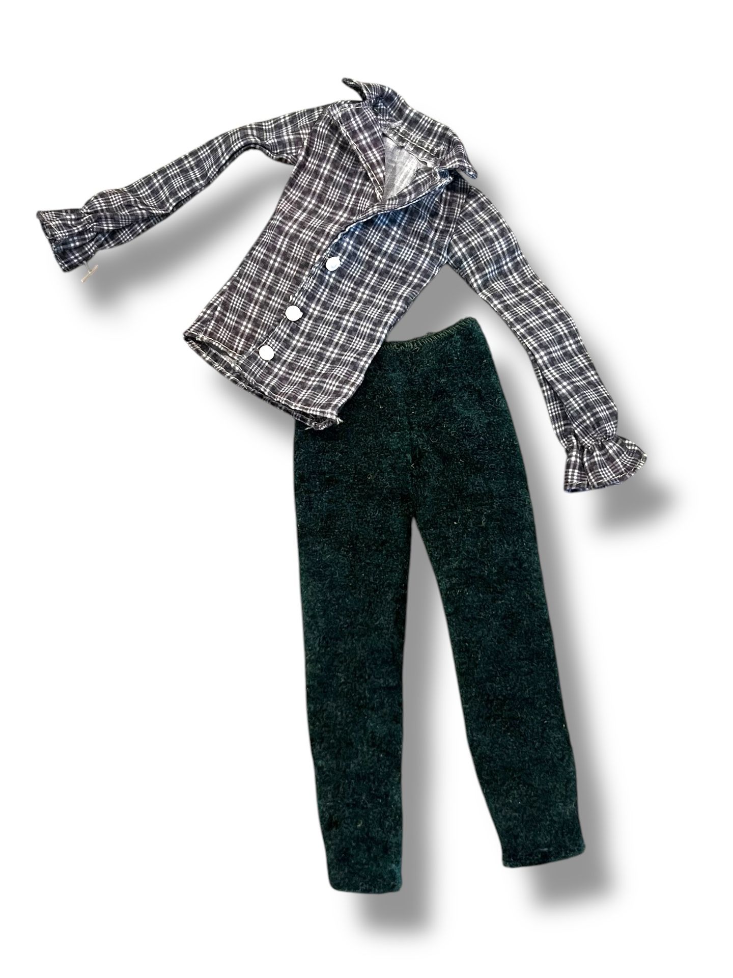 Barbie Dark Emerald Green Velour Pants W/ Black & White Plaid Blouse Ruffle Cuff