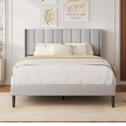HAOARA Queen Size Velvet Bed Frame with Vertical Chanel Tufted Headboard and Wingback, Upholstered Platform Bed, No Box Spring Needed, Strong Wooden S