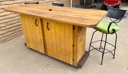 Rustic Wood Outdoor Bar Cabinet on Wheels