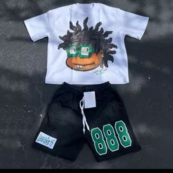 Black and green streetwear shorts and tee set #skater