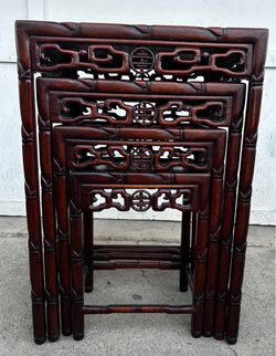 Vintage Chinese Rosewood Nesting Tables Set of 4 Hong Kong Faux Bamboo Shou 60s