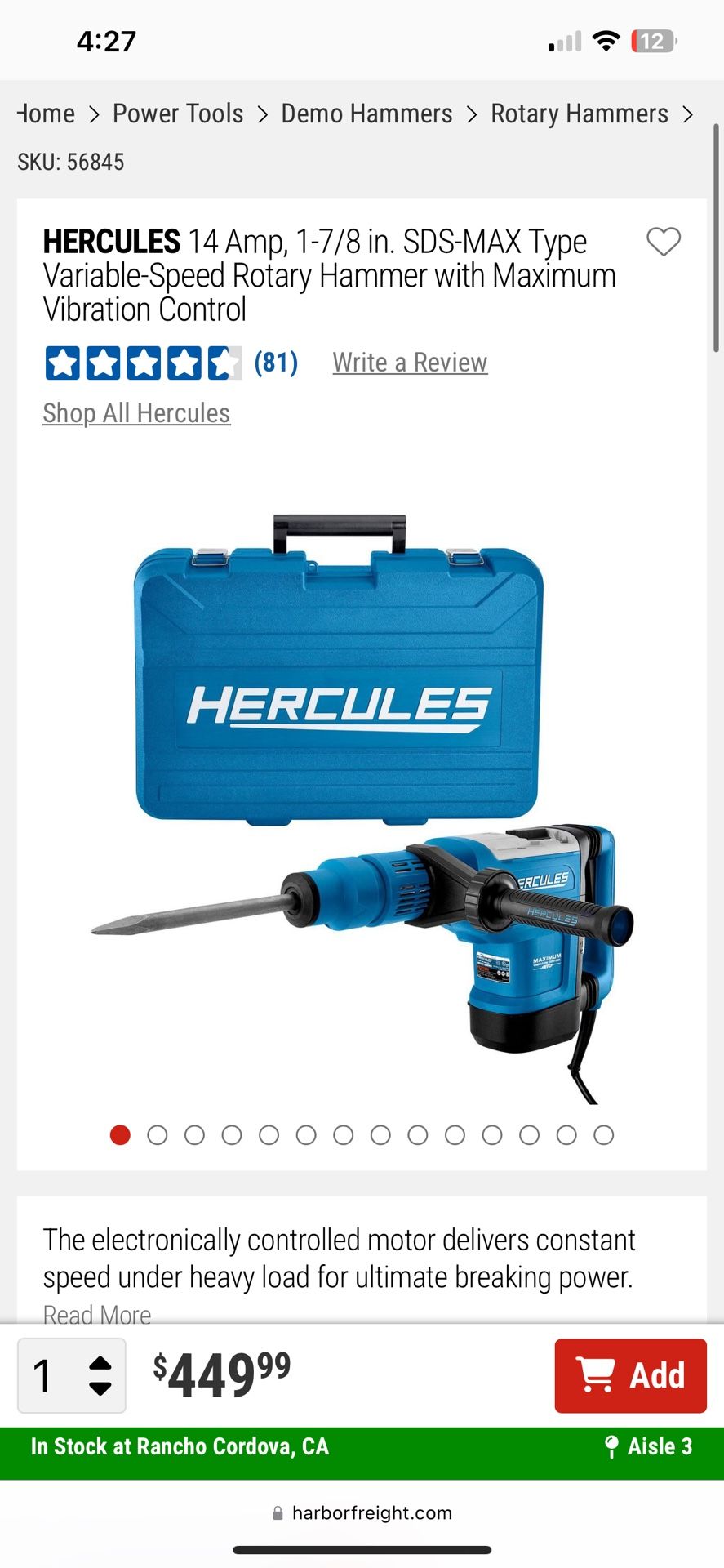 HERCULES 14 Amp1 7/8inch SDS MAX Rotary Hammer Demo Hammer