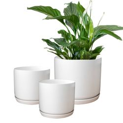 White Flower Pots Garden Planters Set 3 Indoor outdoor ceramic plant pots round with Saucers