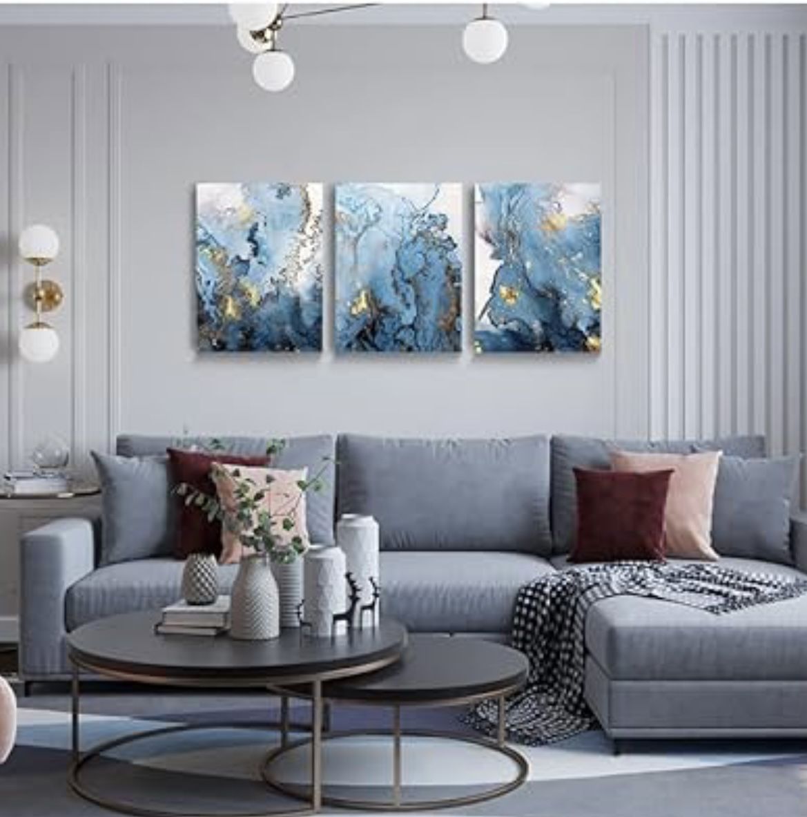 SERIMINO Blue Abstract Canvas Wall Art for Living Room, Navy and Gold Fluid Marble Wall Decor for Bedroom, Bathroom, Office, Home Decor, Set of 3 Prin