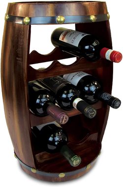 Freestanding Wooden Barrel Wine Holder for 8 Wine Bottles, Decorative Bottle Rack Floor Stand, Rustic Countertop Wine Storage Shelf Organizer