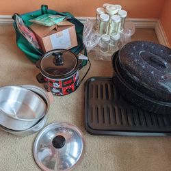 Kitchen Stuff. All $30. Glasses. Frame. Pot. Pans. Spice Rack 