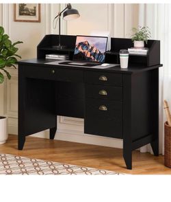 4 EVER WINNER Black Desk with Drawers, Small Desk with File Drawer and Monitor Stand, Computer Desk with Storage, Writing Desk for Bedroom Home Office