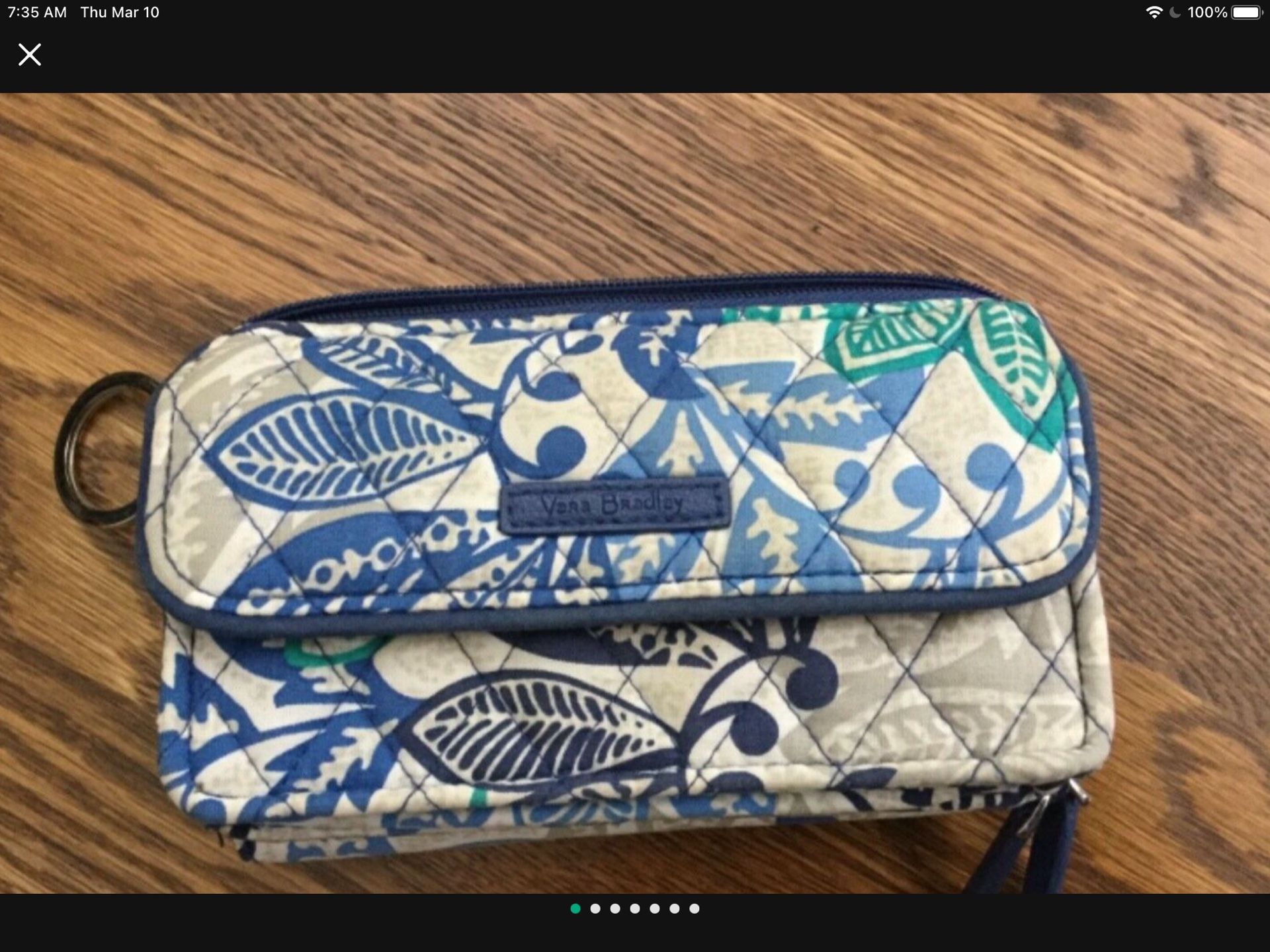 EXCELLENT VERA BRADLEY NAVY BLUE, AQUA & BEIGE FLORAL SANTIAGO ZIPPER WALLET WRISTLET PURSE BAG BILLFOLD - GIFT!