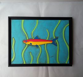 Original Acrylic 12" x 16" Abstract Painting with Sardine, black Floater frame.