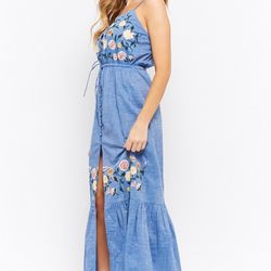 Blue Floral Embroidered Maxi Dress 