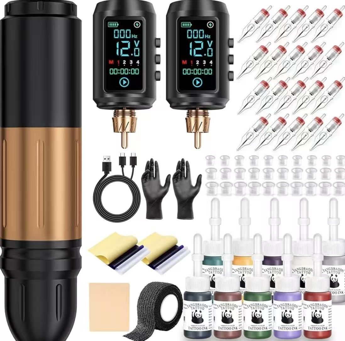 Wireless Tattoo Machine Pen Kit with 2Pcs 1600mAh Replaceable battery and 20 pcs Tattoo Cartridge Needles, 10 Ink Colors