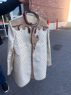 Men’s Embroidered Sherwani Jacket – Cream & Maroon SIZE L-XL