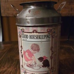 1990's Vintage Good Housekeeping Tin with 1920 Cover Child Feeding Kitten Milk 6" tall