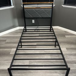 Twin Bed Frame With LED Lights And Charging Station