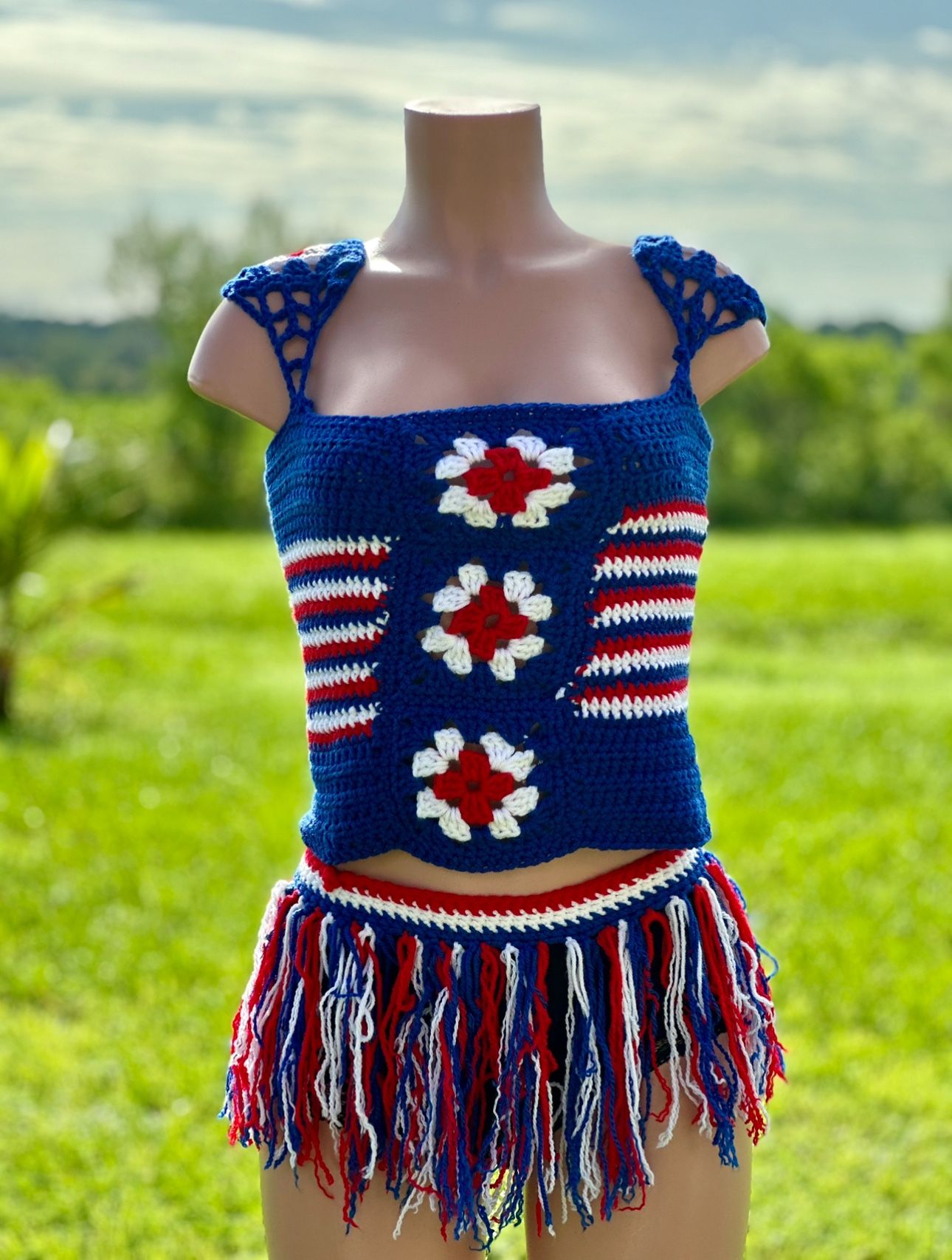 Handmade Crochet Granny Square Set - Red, White & Blue (Size M)