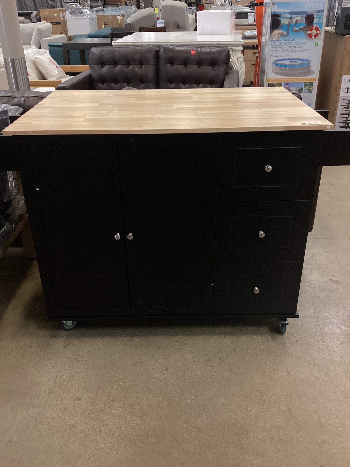 Black Rolling Mobile Kitchen Island with Solid Wood Top and Locking Wheels