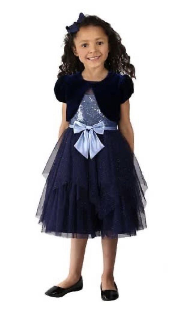 Jona Michelle Girls navy blue sparkling sequin tulle dress with a velvet shrug bolero jacket Size 4T