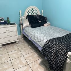 Must Go!!! - White Twin Trundle Bed Frame, Dresser + Nightstand – Cute & Sturdy Set