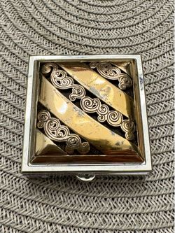 Vtg. Brighton Vintage Square Silver/Gold Tone Scrolled Compact Mirror  2” Square
