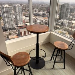 42inch Industrial Style Farmhouse Bar Table, Round Wooden And Two Chairs