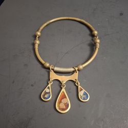 Mediterranean Artisan Brass W/Inlaid Stones Greece Pendant Choker Necklace, Hook & Eye Latch