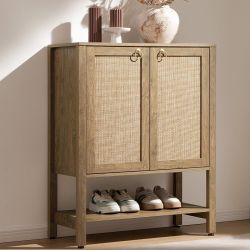 Rattan Shoe Cabinet with Storage - 5 Tier Farmhouse Boho Shoe Organizer Storage Cabinet with Shelves & Doors, Tall Shoe Rack Cabinet 