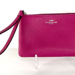 Coach Corner Zip Wristlet Crossgrain Leather Pink Cerise Fuchsia CC Slots 58032