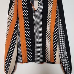 Women's Patterned Blouse Orange Black Polka Dot Stripes Size XL
