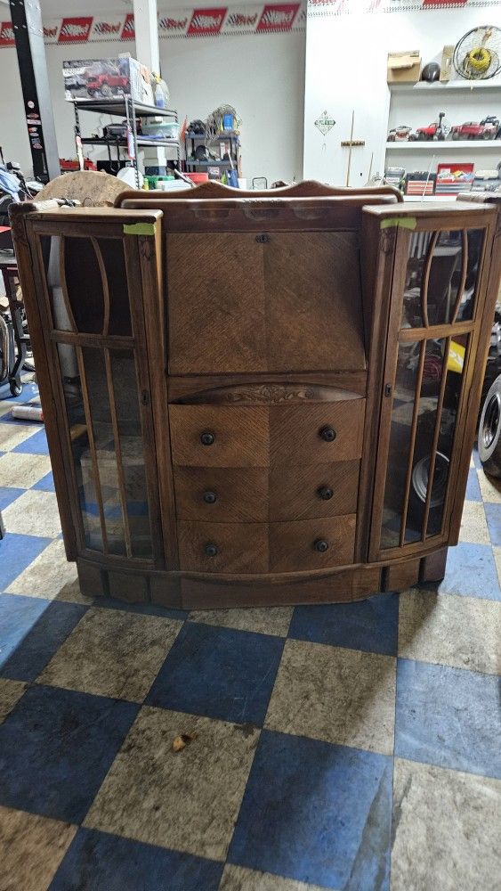 Antique Oak Secretary China Cabinet