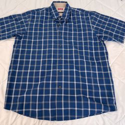 Wrangler Mens Shirt Size Large Blue Plaid Wrinkle Resistant Short Sleeve