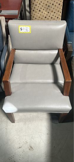 Gray Leather Armchair with Wood Frame