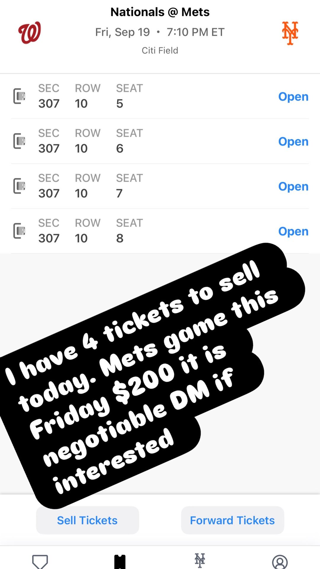 4 Tickets To See The Mets Game 9/19/25$200